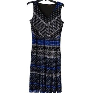 T Tahari Dress Womens Medium Sleeveless V Neck Midi Black print Stretch